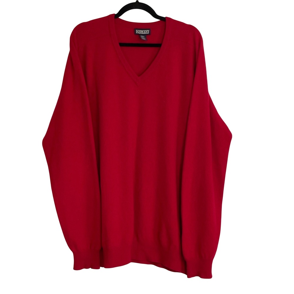 Lands End Mens XL Tall Red 100% Cashmere V-Neck Sweater Pullover Classic Knit